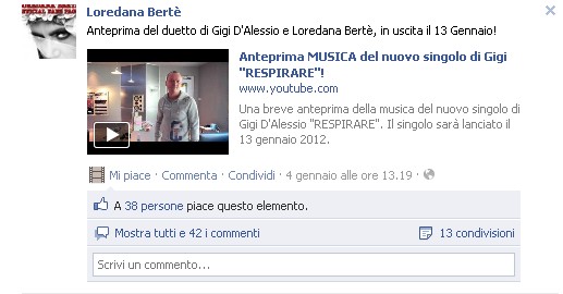 Sanremo 2012: Respirare di Gigi D'Alessio e Loredana Bertè online dal 4 gennaio. Sarà squalificata?